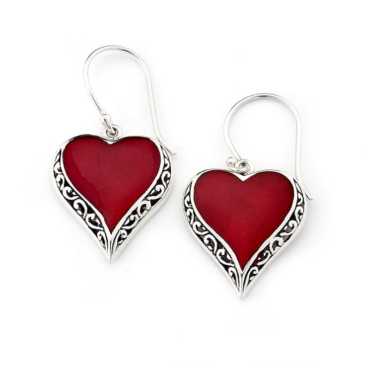 Sterling Silver Red Coral Heart Earrings