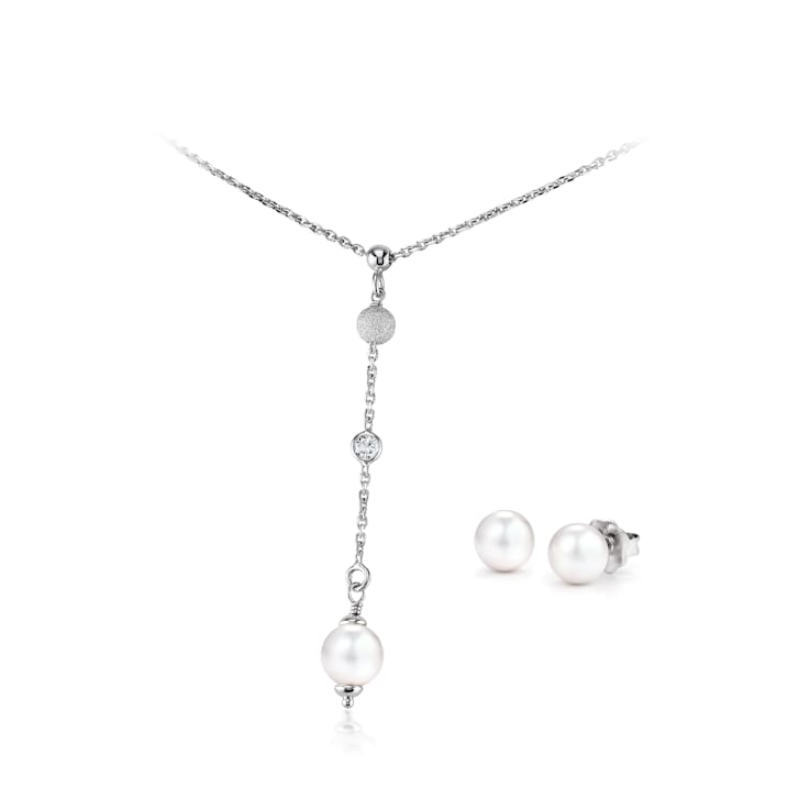 8mm White Organic Man-Made Pearl Necklace and Earring Set