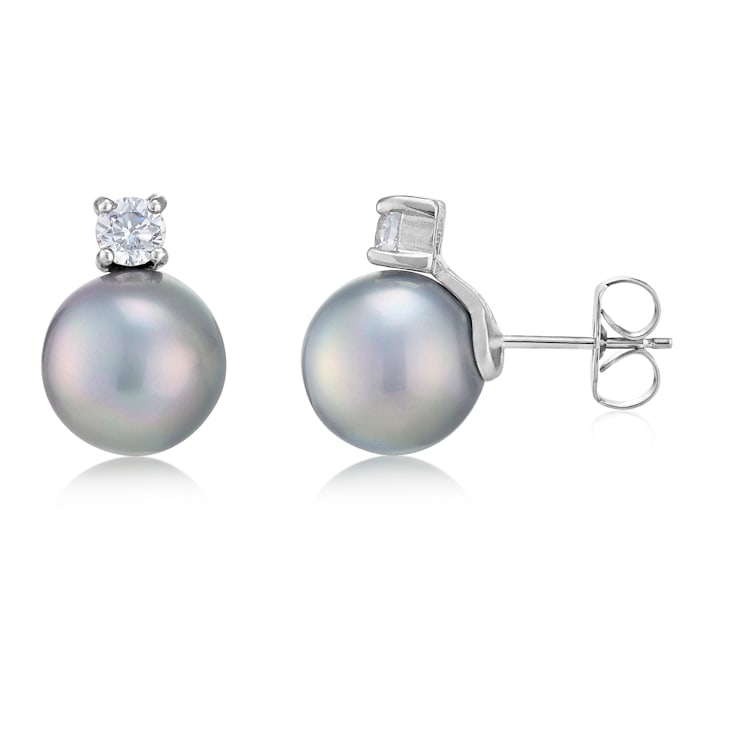 7mm Gray Organic Man-Made Pearl and CZ Earrings