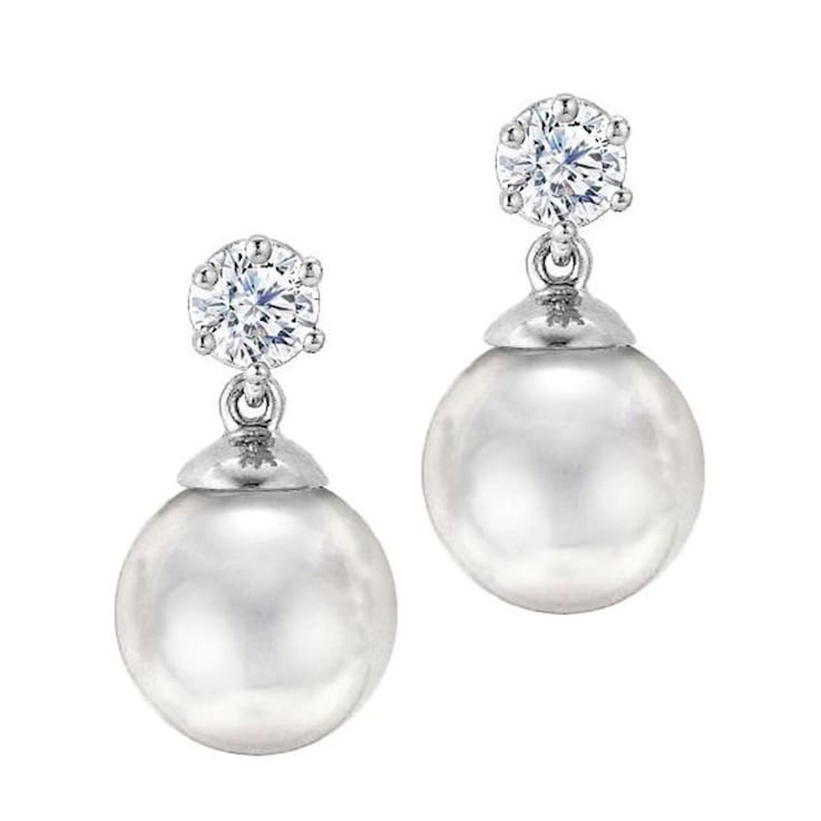 10mm White Organic Man-Made Pearl and CZ Earrings