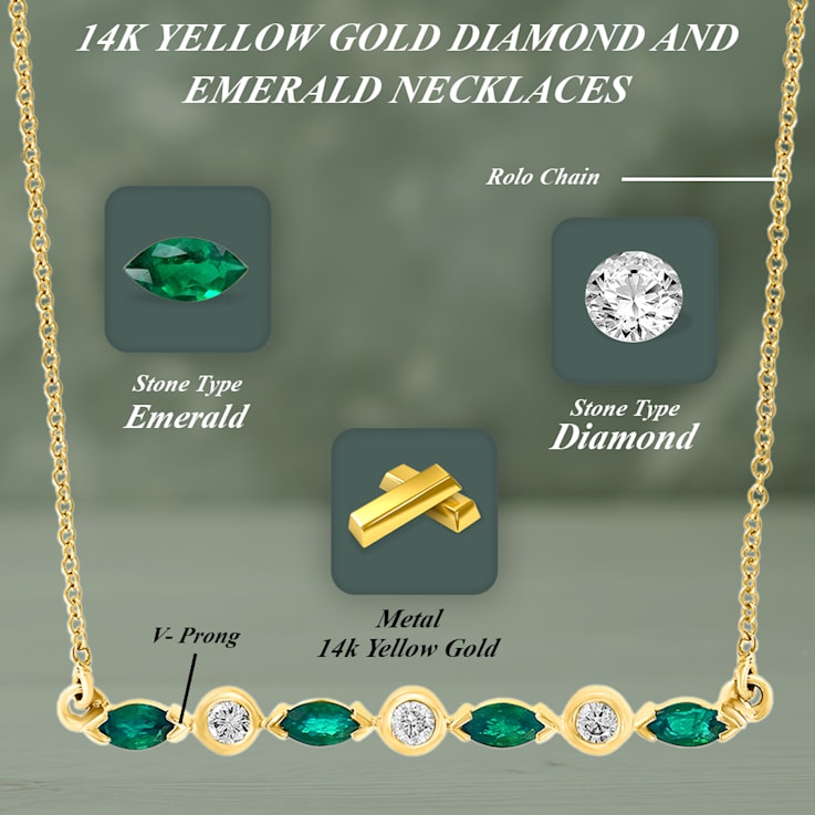 Diamond2Deal 14k Yellow Gold 0.41ct Marquise Cut Emerald and Diamond Bar
Pendant Necklace 18"