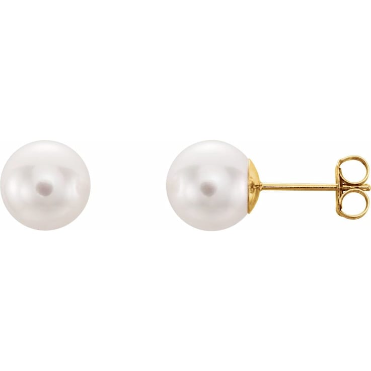 14k Yellow Gold 8 mm White Akoya Cultured Pearl Stud Earrings for Women