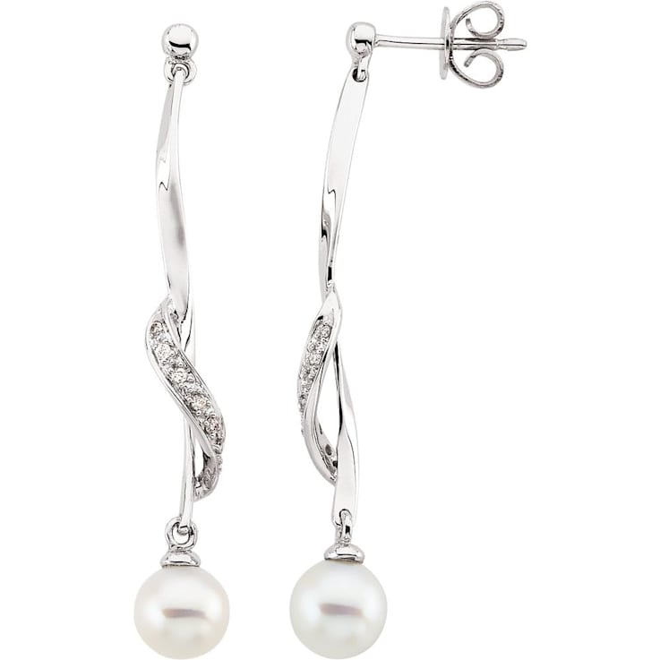 14k White Gold Freshwater Cultured Pearl and .07 CTW Diamond Dangle
Earrings for Women