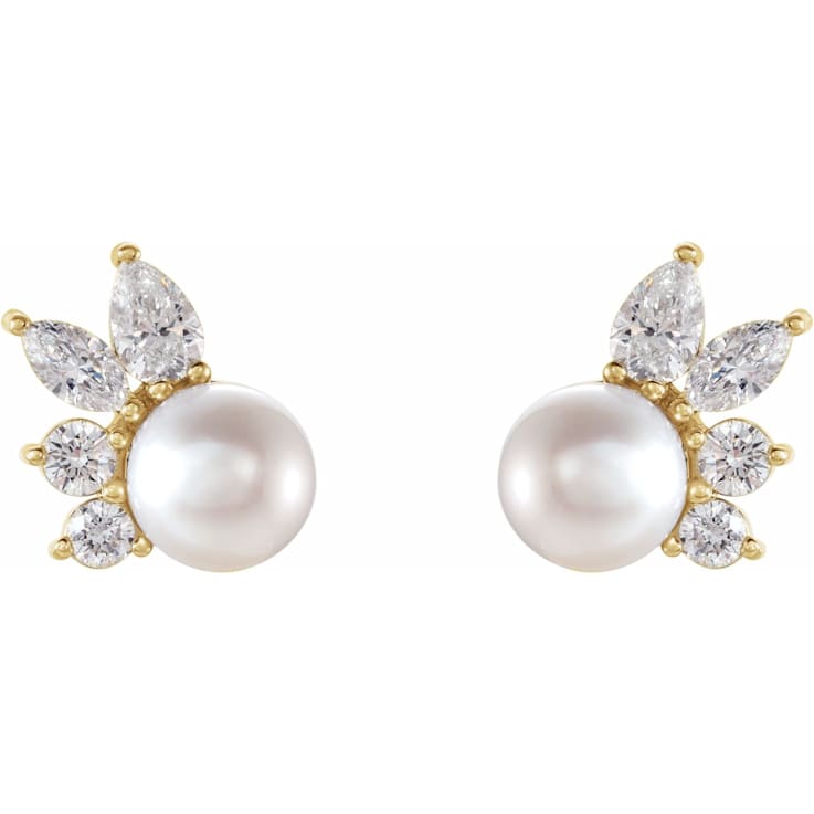 14K Yellow Gold Akoya Cultured Pearl and 1/2 CTW Diamond Stud Earrings
for Women