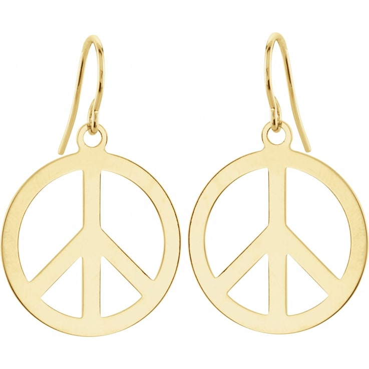 14K Yellow Gold 21 mm Peace Sign Dangle Earrings for Women