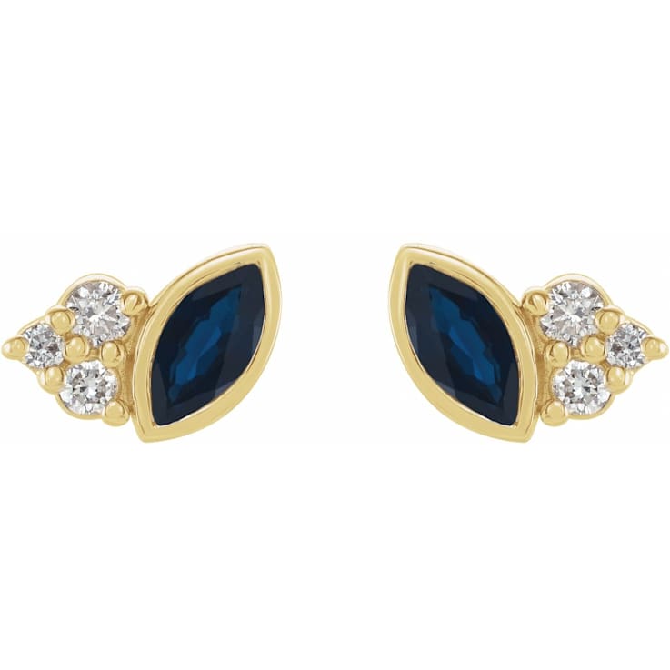 14K Yellow Gold Sapphire and 0.05ctw Round Cut Natural Diamond Stud Earrings