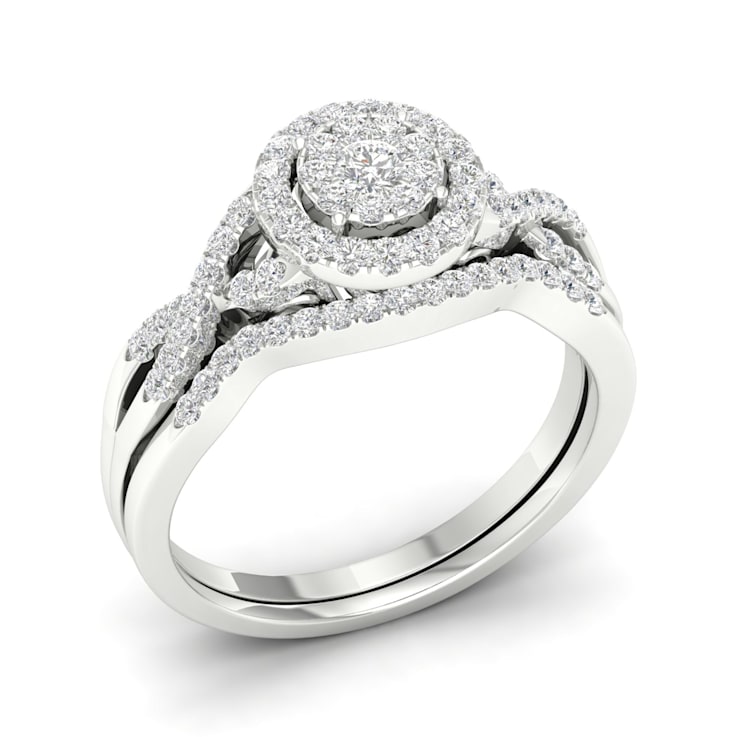 Diamond2Deal 10K White Gold .40ctw Diamond Halo Engagement Ring Bridal
Set Split Shank