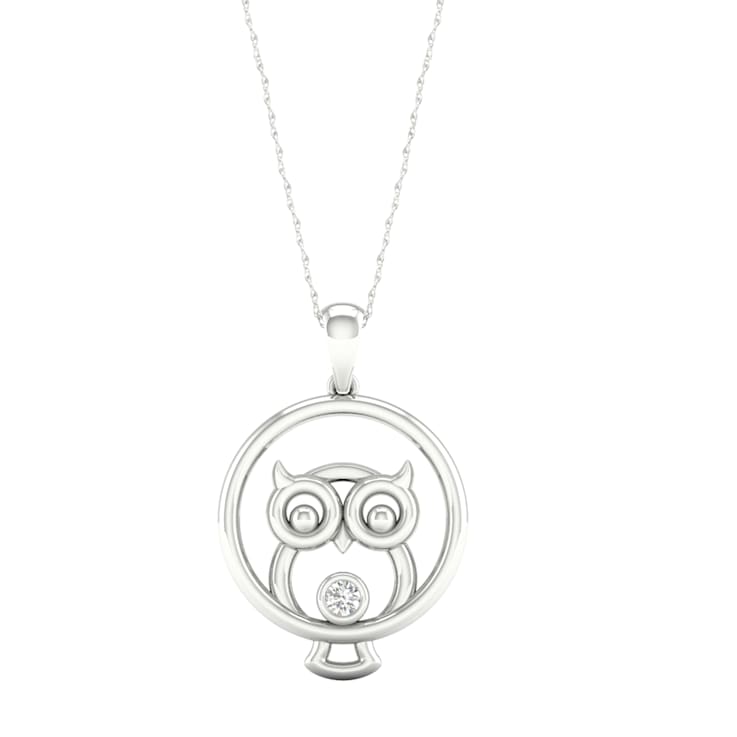 Diamond2Deal Sterling Silver Diamond Owl Pendant With 18 Inch Chain(1/20 ctw)