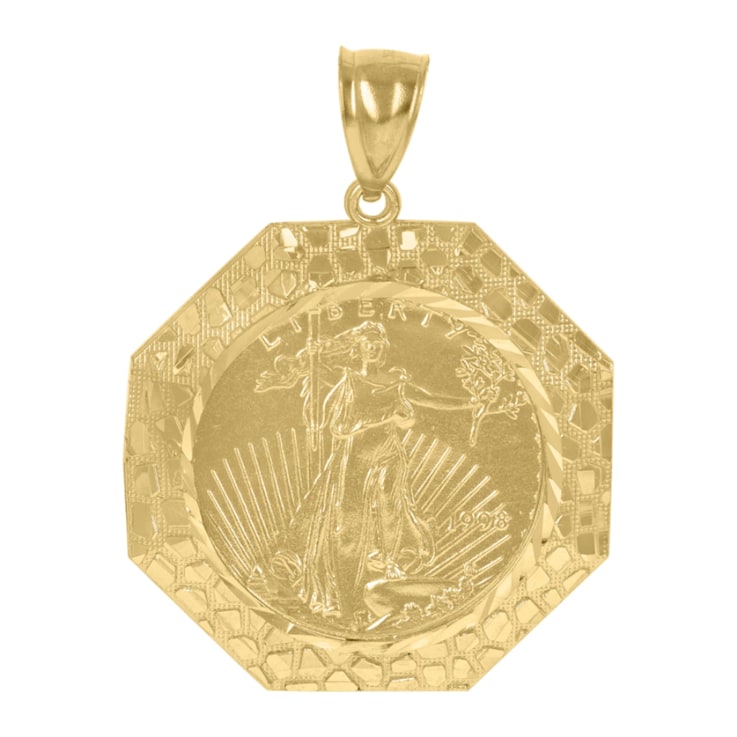 Diamond2Deal 10K Yellow Gold Diamond-Cut Lady Liberty Octagon Medallion  Pendant for Men