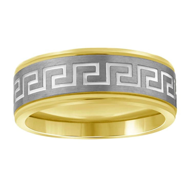 Diamond2Deal Stainless Steel Two-Tone Greek Key Pattern Center Brushed
Step Edges Comfort-Fit Band