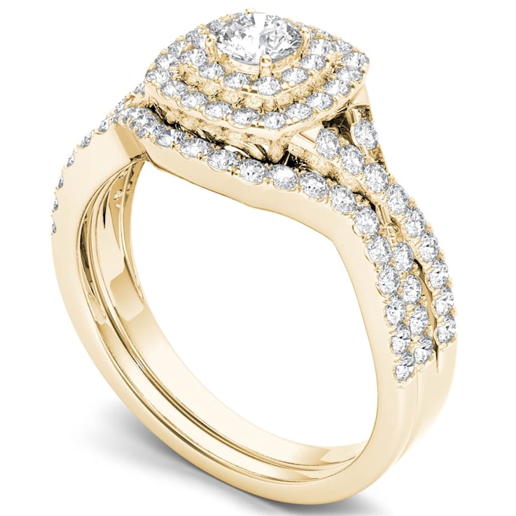 10K Yellow Gold 0.90ctw Diamond Halo Engagement Band Bridal Ring(Color
H-I, Clarity I2)