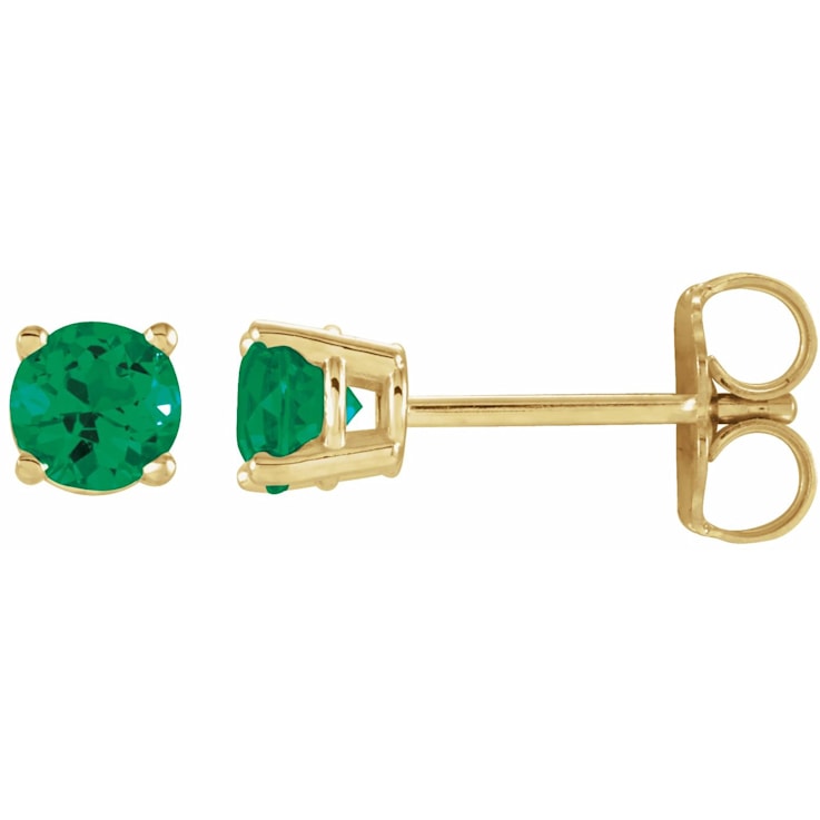 14K Yellow Gold 4 mm Emerald Stud Earrings for Women with Friction Post