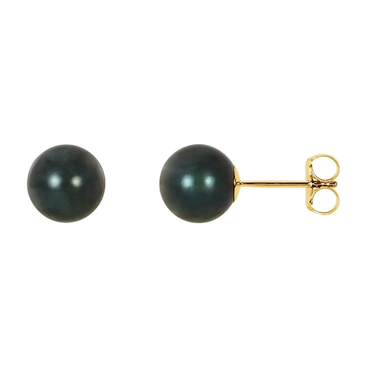 14K Yellow Gold 7 mm Black Akoya Cultured Pearl Stud Earrings with
Frication Back