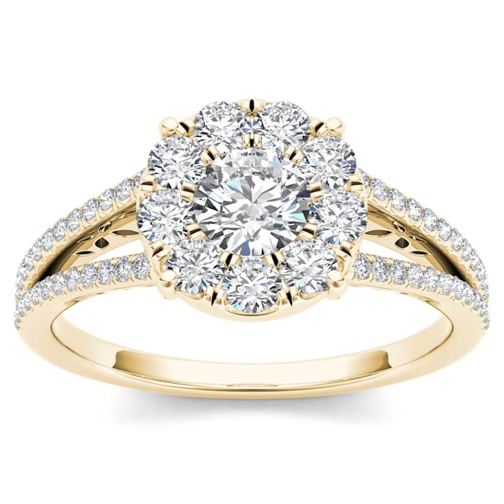 10K Yellow Gold 1.0ctw Round Diamond Split Shank Cluster Engagement Ring (I2-Clarity-H-I-Color)
