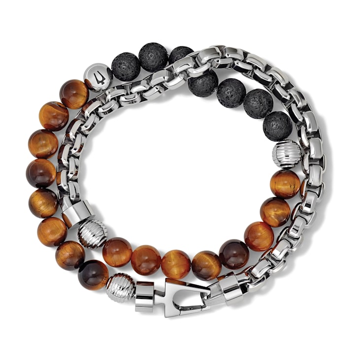 Bulova Double Wrap Tigers Eye Black Lava Beads Bracelet 1442WA