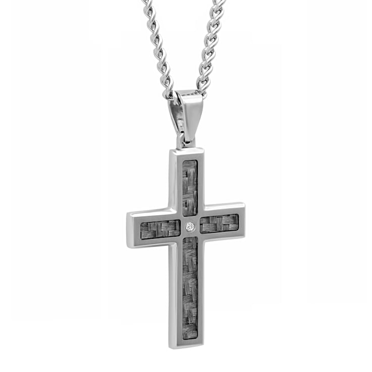 Diamond Accent Stainless Steel White Carbon Fiber Cross Pendant