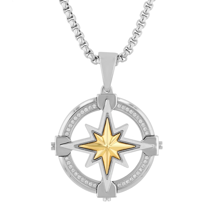 1/8CTW Diamond Stainless Steel Yellow Ion Plated Compass Medallion Pendant