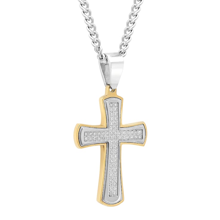 3/8CTW  Diamond Stainless Steel Yellow Ion Plated Cross Pendant