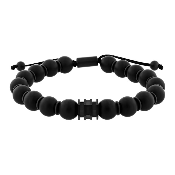 Men's Black Onyx Beaded Bolo Bracelet Stainless Steel