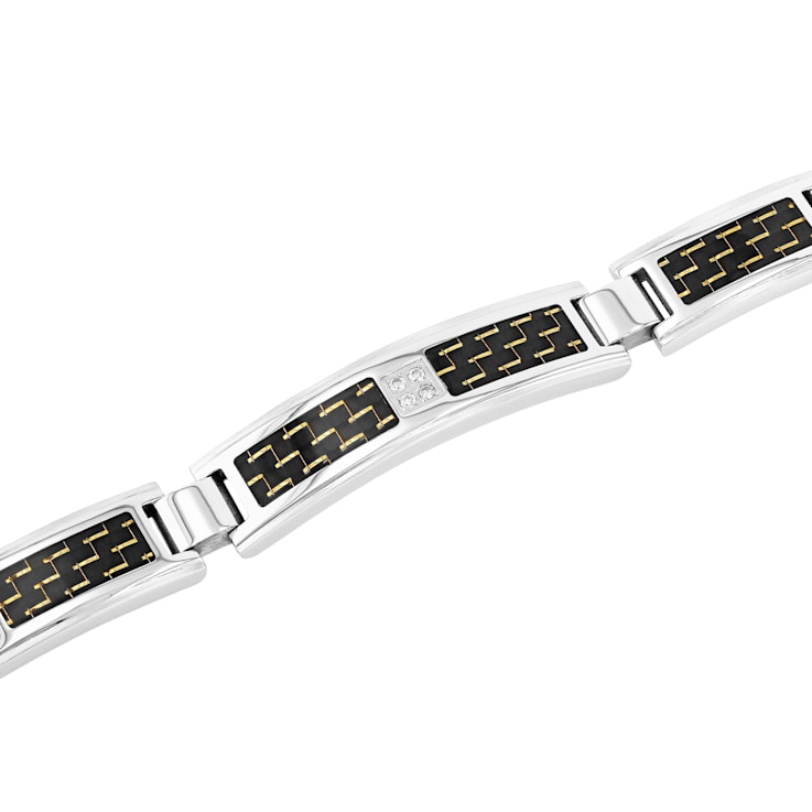 Diamond Accent Stainless Steel Black Carbon Fiber Link Bracelet