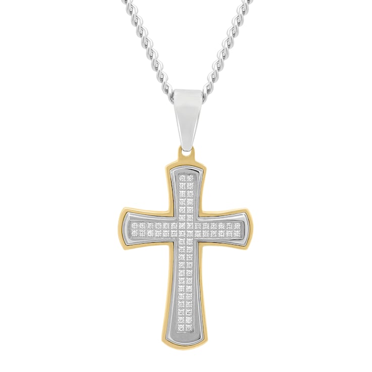 3/8CTW  Diamond Stainless Steel Yellow Ion Plated Cross Pendant