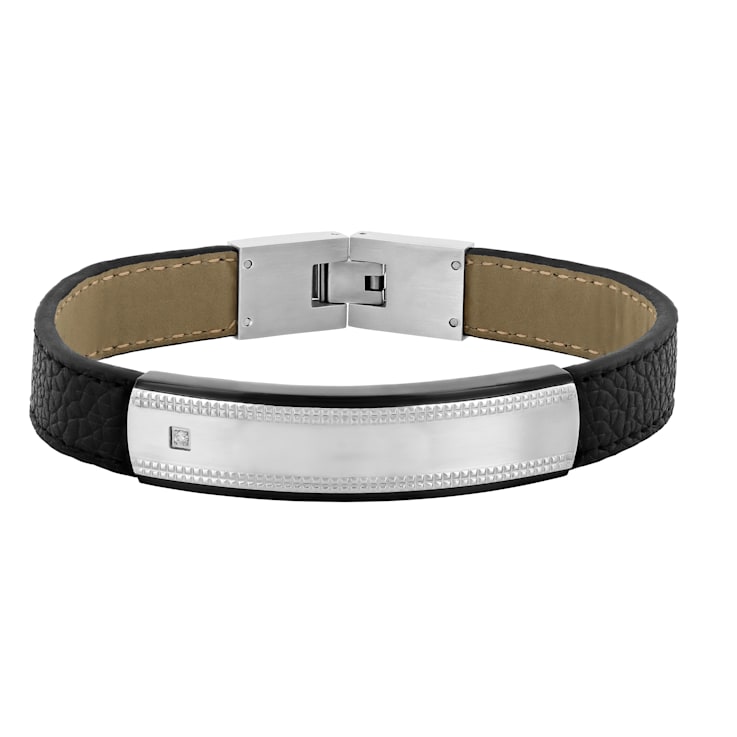Diamond Accent Stainless Steel and Black Faux Leather ID Bracelet