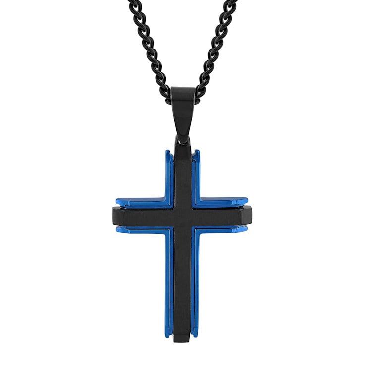 Stainless Steel Black & Blue Ion Plated Cross Pendant