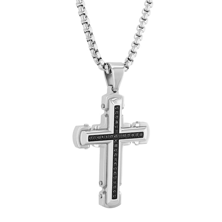 Black Diamond Stainless Steel Black IP Cross With Chain .25ctw