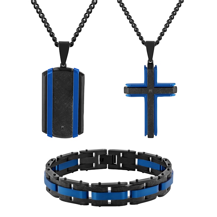 Zillaly Men's Stainless Steel Dog Tag Necklace-Two Color Black and Blue  Hollow Unisex Pendant