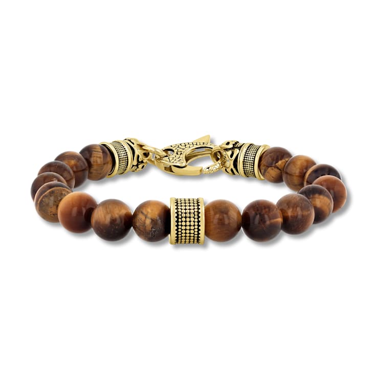 Stainless Steel Yellow Ion Plated Tiger Eye Bead Bracelet