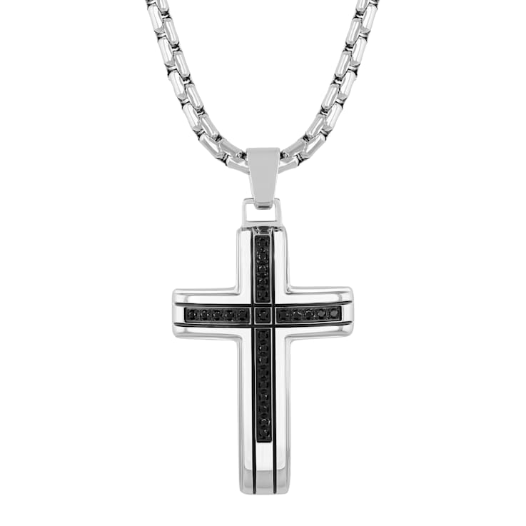 Black Diamond Stainless Steel Cross With Chain .25ctw