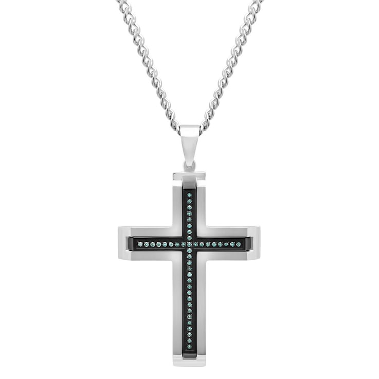 0.20CTW Blue Diamond Stainless Steel with Black IP Cross