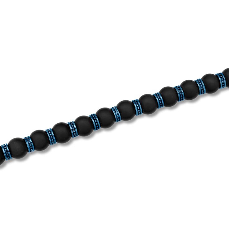 Stainless Steel Blue Ion Plated Matte Onyx Bead Bracelet