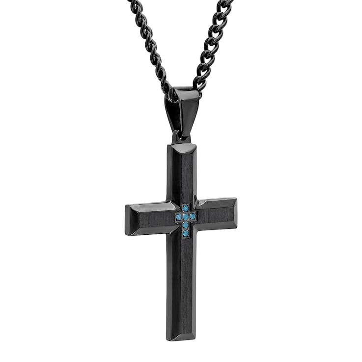 Blue Diamond Accent Stainless Steel Black Ion Cross Plated Pendant