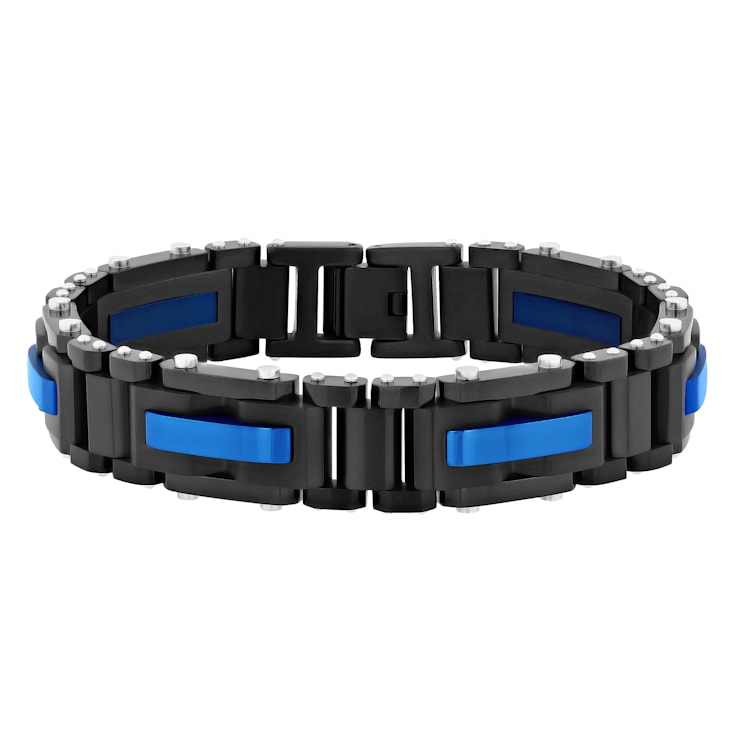 Stainless Steel Black & Blue Ion Plated Rivets Link Bracelet