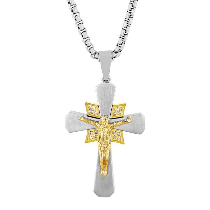 1/10CTW Diamond Stainless Steel Yellow Ion Plated Crucifix Pendant