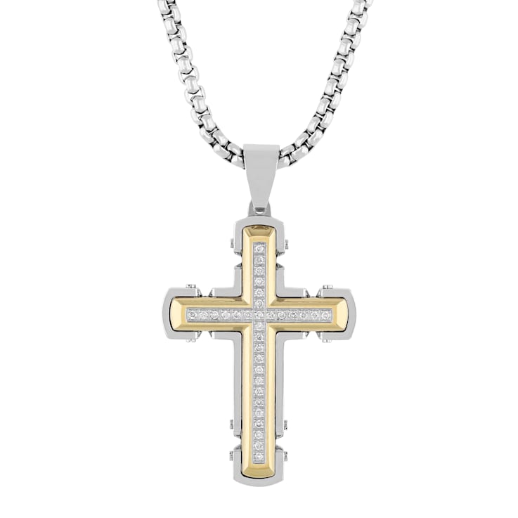 White Diamond Stainless Steel Yellow IP Cross With Chain .25ctw