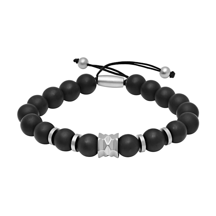 Stainless Steel and Matte Black Onyx Bead Bolo Bracelet