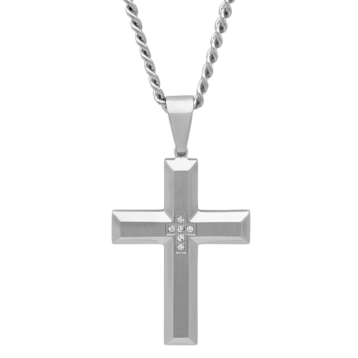 1/20CTW White Diamond Stainless Steel Beveled Cross With Chain.