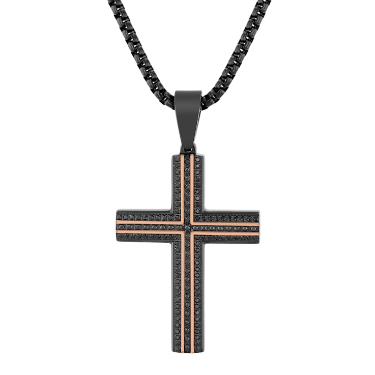 3/4CTW Black Diamond Stainless Steel Two-Tone Cross Pendant