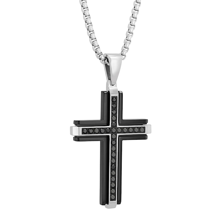 1CT Black Diamond Stainless Steel Black Ion Plated Cross Pendant