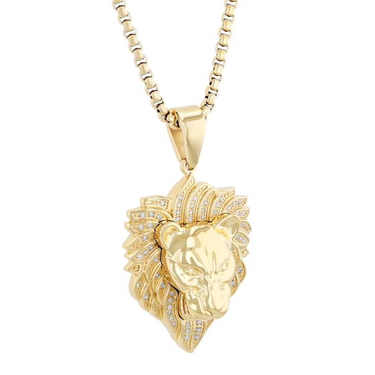 White Diamond Stainless Steel Yellow IP Lion Head With Chain 1/3ctw