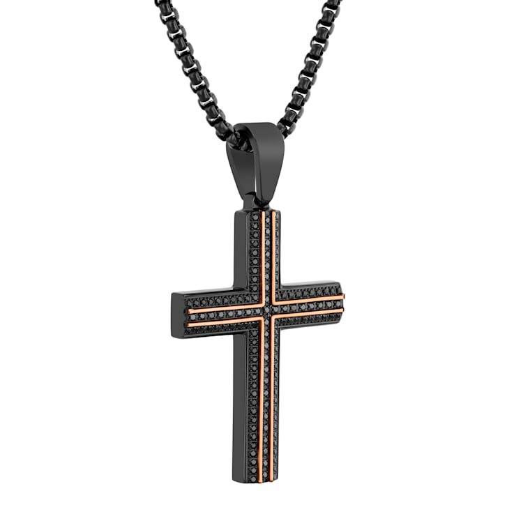 3/4CTW Black Diamond Stainless Steel Two-Tone Cross Pendant
