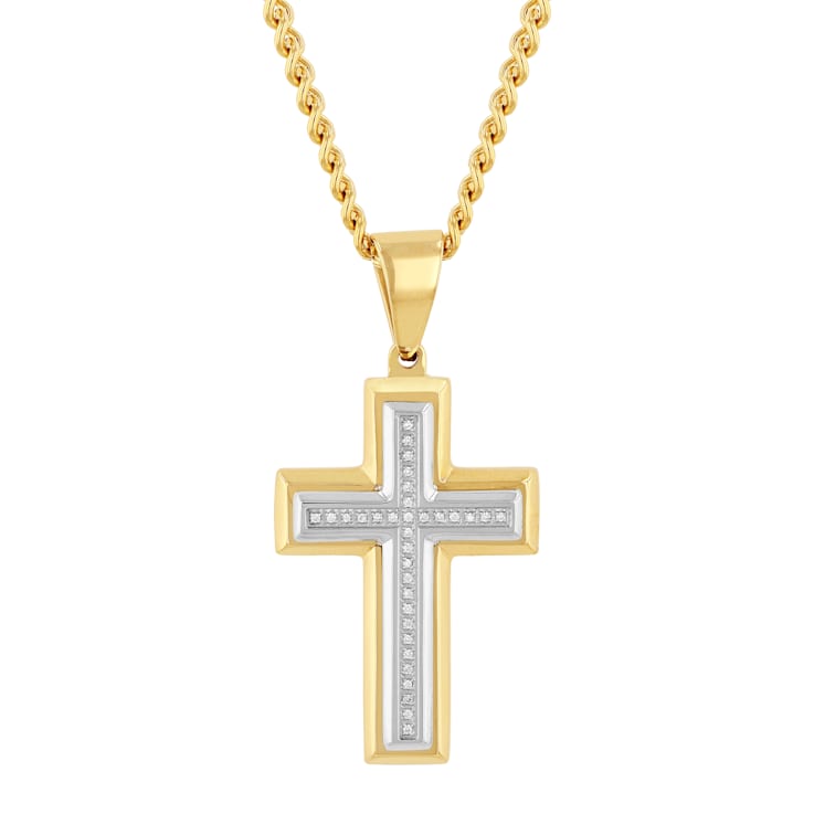 White Diamond Stainless Steel Yellow IP Cross With Chain .10ctw