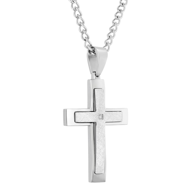 Diamond Accent Stainless Steel Frozen Finish Stacked Cross Pendant