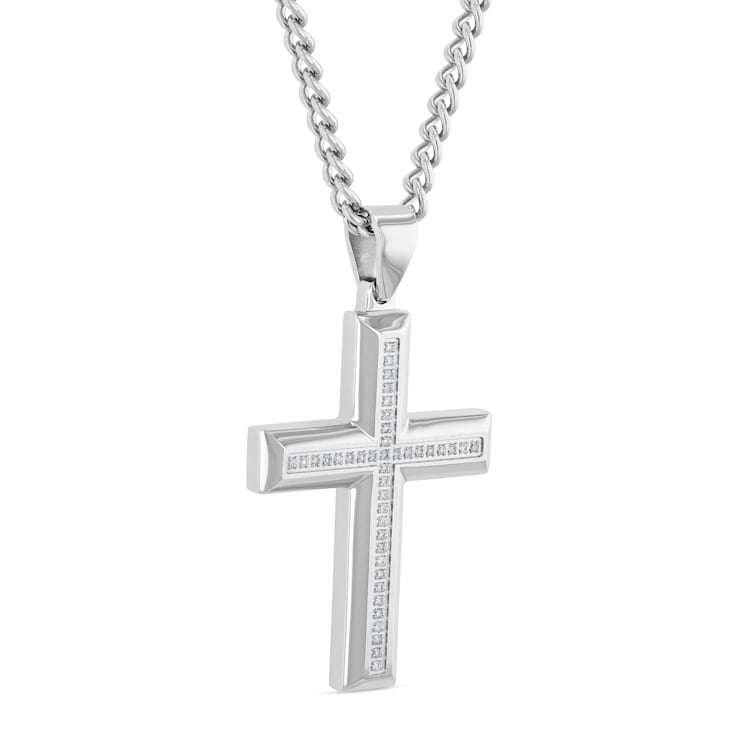 White Diamond Stainless Steel Cross With Chain .25ctw