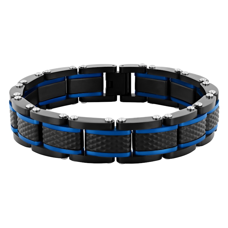 Stainless Steel with Black and Blue FinishTextured Link Bracelet