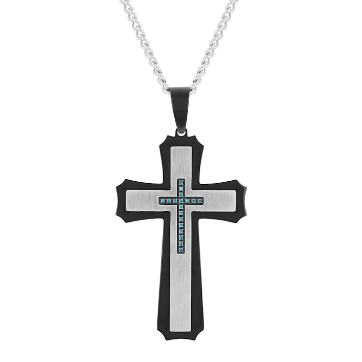 0.12CTW Blue Diamond Two-Tone Stainless Steel Cross Pendant
