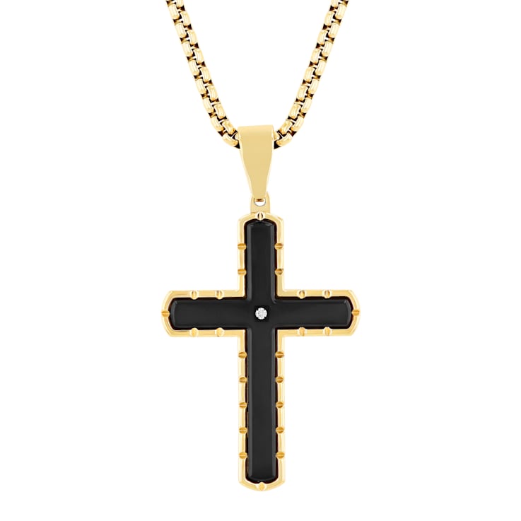 Diamond Accent Two-Tone Stainless Steel Cross Pendant & ID Bracelet Set