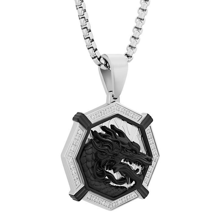 1/4CTW Diamond Stainless Steel Black Ion Plated Dragon Face Medallion Pendant